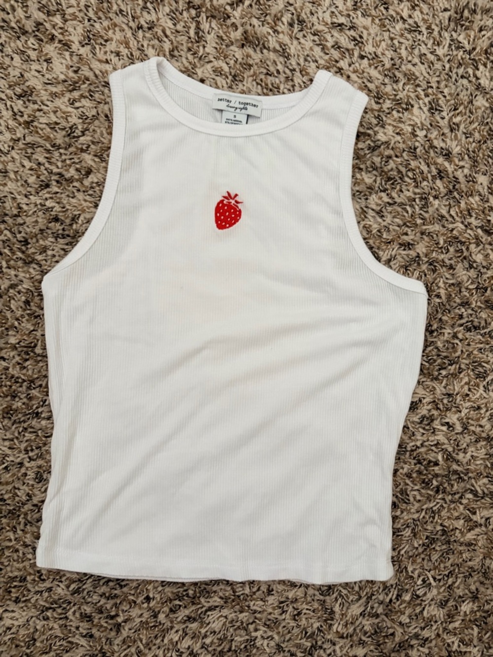 Petite/ together White Ribbed Crop Tank with Red Strawberry Embroidery